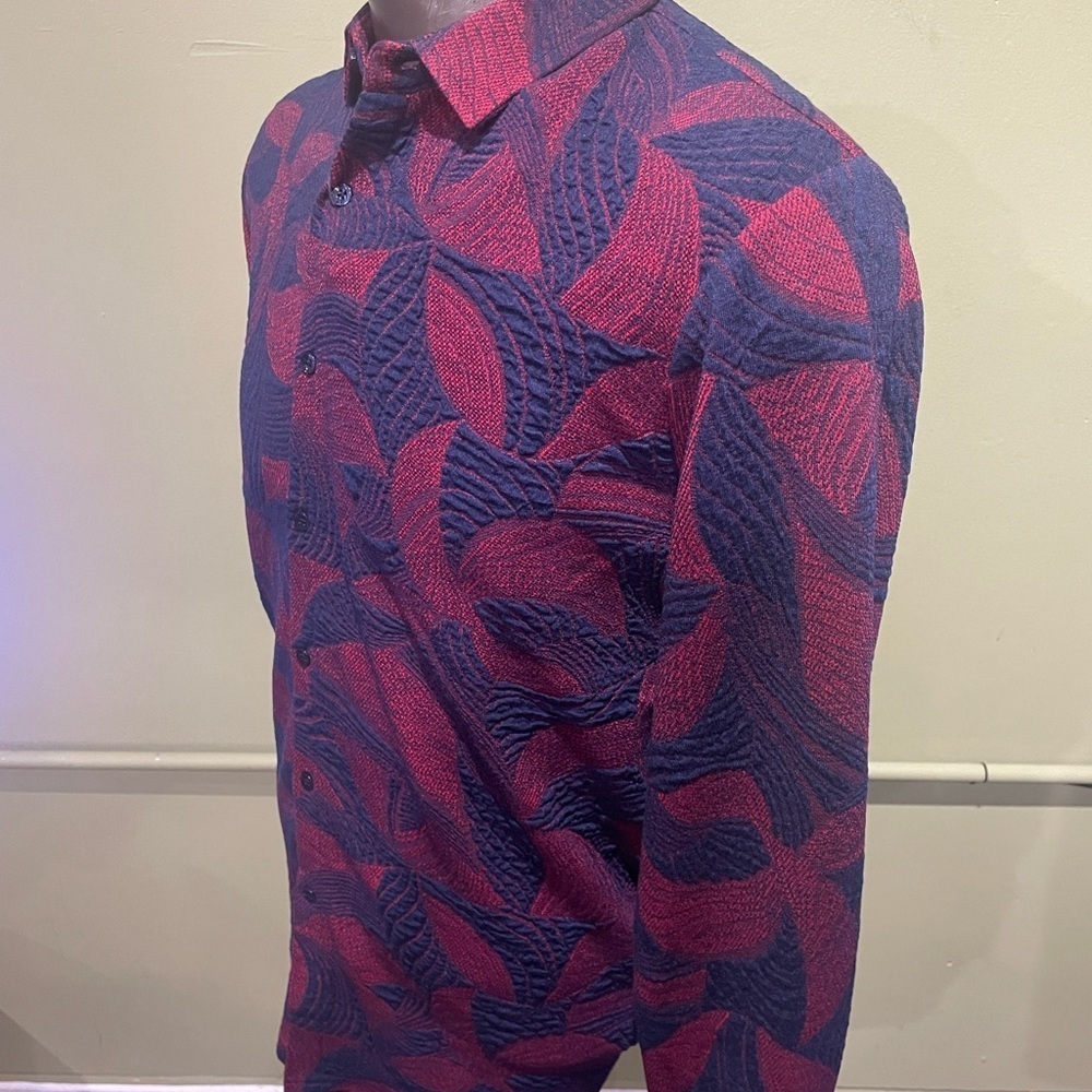 Deniko Men's Red and Blue Patterned Shirt button front stretchy floral - Picture 3 of 4